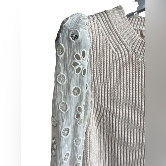 Rebecca Taylor Cream Ribbed Cotton & Silk W/Eyelet Puff Sleeve Sweater - Picture 5 of 10
